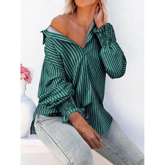 Womens Striped Button Long Sleeve Green Striped Oversized Collared Work Shirt - Picture 4 of 5